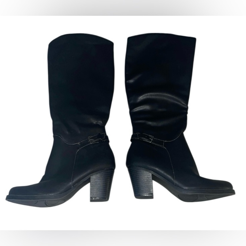 NWT NATURAL SOUL ALL-THRU COMFORT Black Knee High Buckle Stacked Heel Boots 6.5